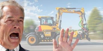 Reform leader Nigel Farage in front of JCB's Zionist pothole machine