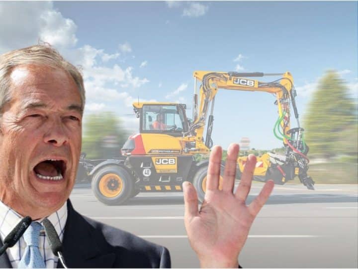 Reform leader Nigel Farage in front of JCB's Zionist pothole machine