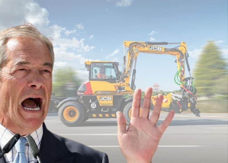 Reform leader Nigel Farage in front of JCB's Zionist pothole machine