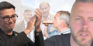 Andy Burnham, Rob Kenyon, Nigel Farage, and Rupert Lowe - Reform UK