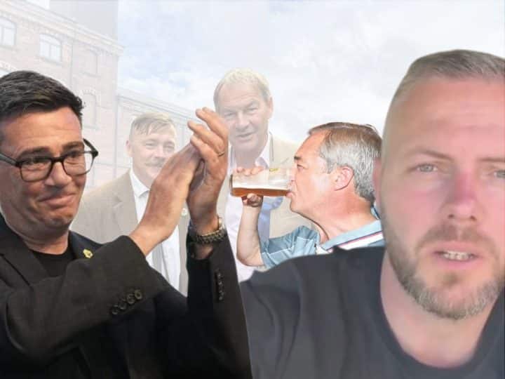 Andy Burnham, Rob Kenyon, Nigel Farage, and Rupert Lowe - Reform UK