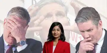 Zarah Sultana in front of images of Keir Starmer looking dejected