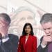 Zarah Sultana in front of images of Keir Starmer looking dejected