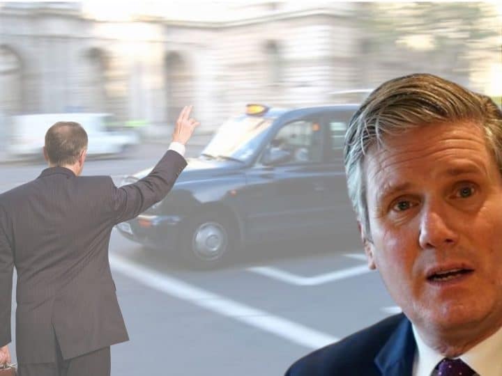 Keir Starmer in front of an image of a tax being hailed