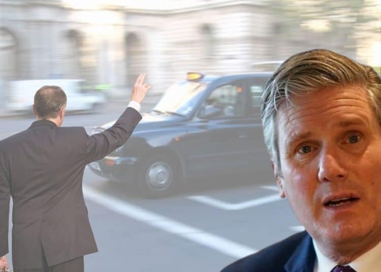 Keir Starmer in front of an image of a tax being hailed