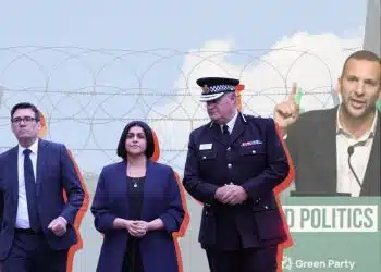 Andy Burnham and Shabana Mahmood of Labour, Zack Polanski of the Green Party, and a police officer