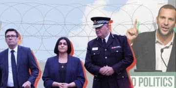 Andy Burnham and Shabana Mahmood of Labour, Zack Polanski of the Green Party, and a police officer