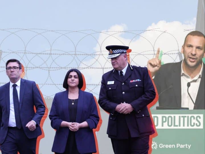 Andy Burnham and Shabana Mahmood of Labour, Zack Polanski of the Green Party, and a police officer