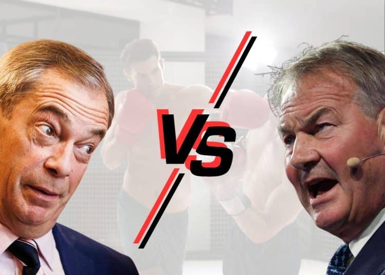 Nigel Farage and Rupert Lowe with a VS sign between them (Reform UK and Restore Britain)