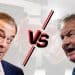 Nigel Farage and Rupert Lowe with a VS sign between them (Reform UK and Restore Britain)