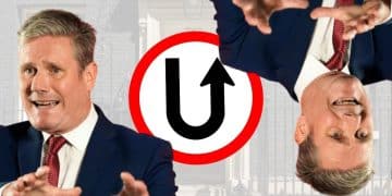 Keir Starmer in front of a U-turn sign