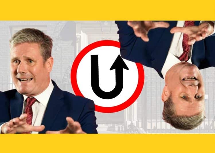 Keir Starmer in front of a U-turn sign