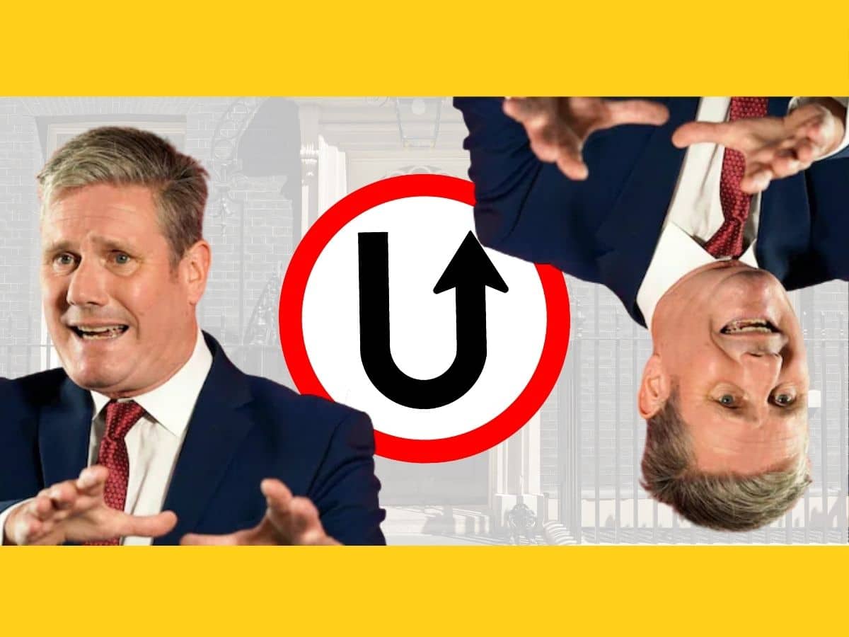 Keir Starmer in front of a U-turn sign