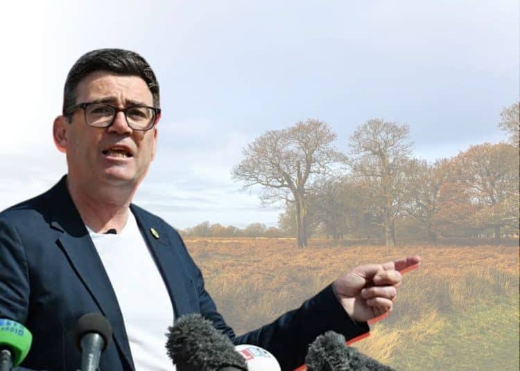 Andy Burnham in front of an image of a field