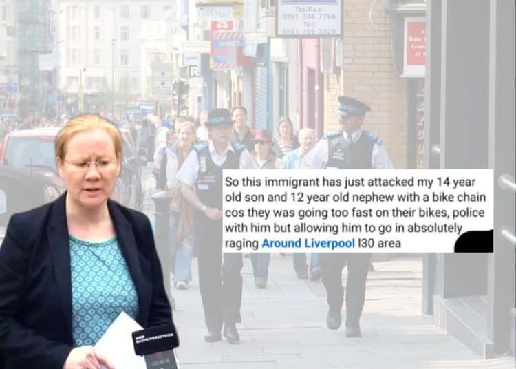 Digital creator Mersey Side police and a racist message containing misinformation