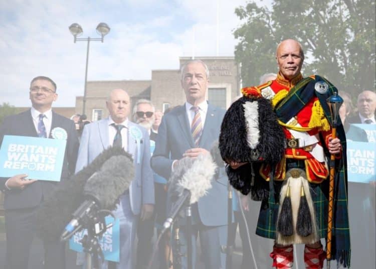 Reform UK candidate Andy Curwen, dressed in his regalier, and in the background, another image of Nigel Farage and other Reform members
