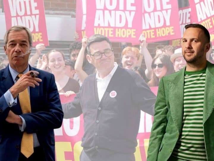 Nigel Farage, Andy Burnham, and Zack Polanski