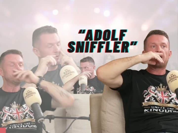 Various images of Tommy Robinson sniffing with the text "Adolf Sniffler" superimposed over the top