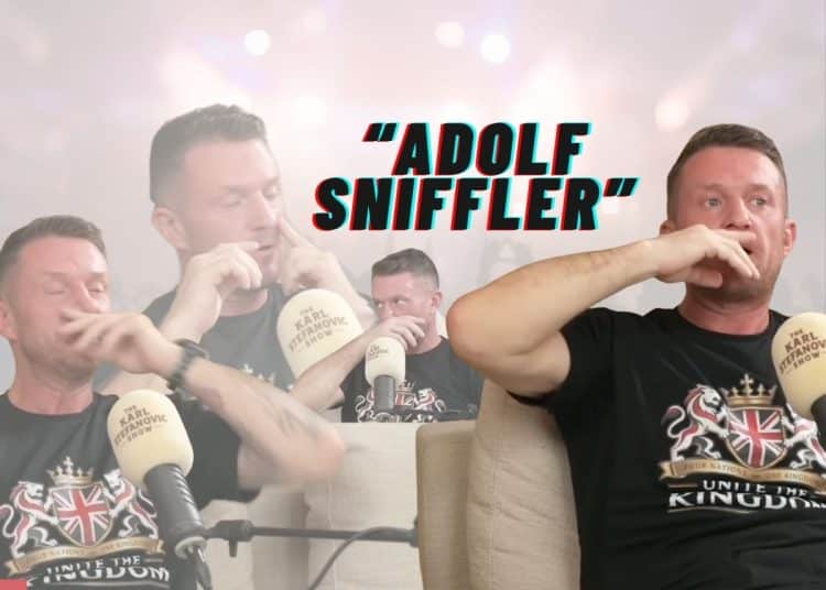 Various images of Tommy Robinson sniffing with the text "Adolf Sniffler" superimposed over the top