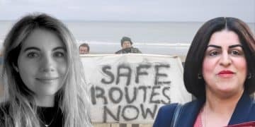 Shabana Mahmood, Zoe Gardner, and a protesters with a banner which reads 'safe routes now'