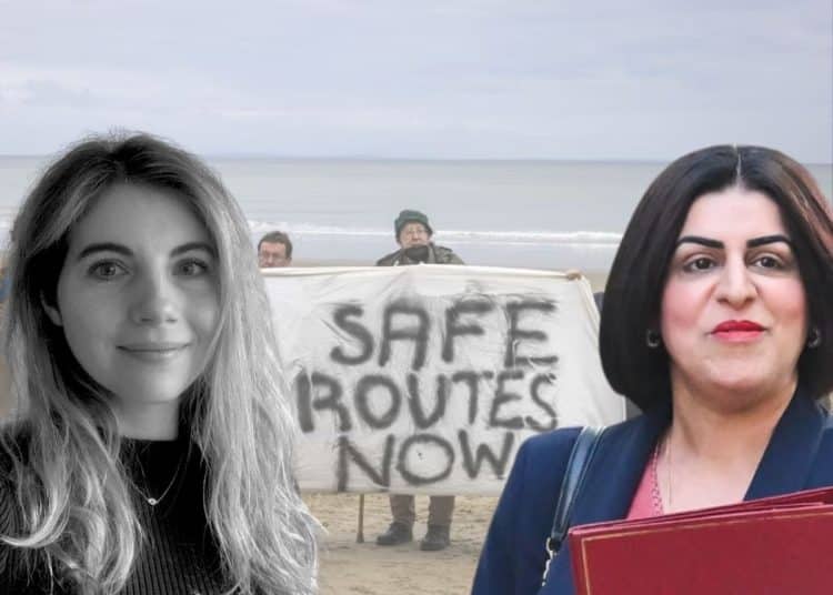 Shabana Mahmood, Zoe Gardner, and a protesters with a banner which reads 'safe routes now'