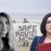 Shabana Mahmood, Zoe Gardner, and a protesters with a banner which reads 'safe routes now'