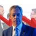 Nigel Farage, a downward facing arrow, Rob Kenyon of Reform UK, and Andy Burnham