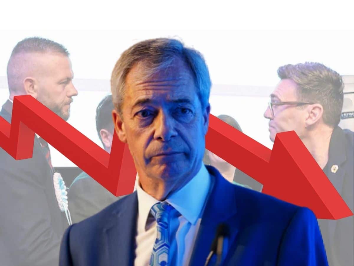 Nigel Farage, a downward facing arrow, Rob Kenyon of Reform UK, and Andy Burnham