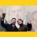 Zohran Mamdani waving to a crowd in front of a collage of images of Benjamin Netanyahu crying