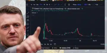 Tommy Robinson in front of the falling value of a meme coin crypto he promoted