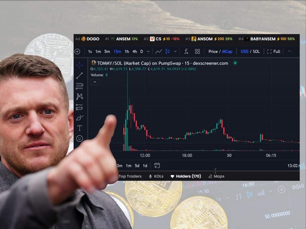 Tommy Robinson in front of the falling value of a meme coin crypto he promoted