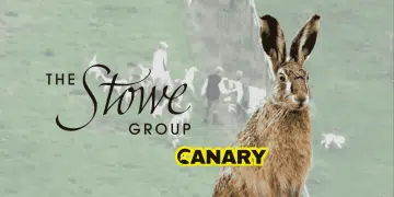 An image of a pack of hounds catching a hare at a fence line. In the foreground is Stowe School's logo and next to it is a european brown hare and the Canary logo