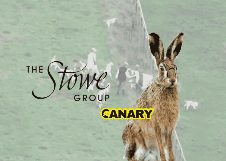 An image of a pack of hounds catching a hare at a fence line. In the foreground is Stowe School's logo and next to it is a european brown hare and the Canary logo