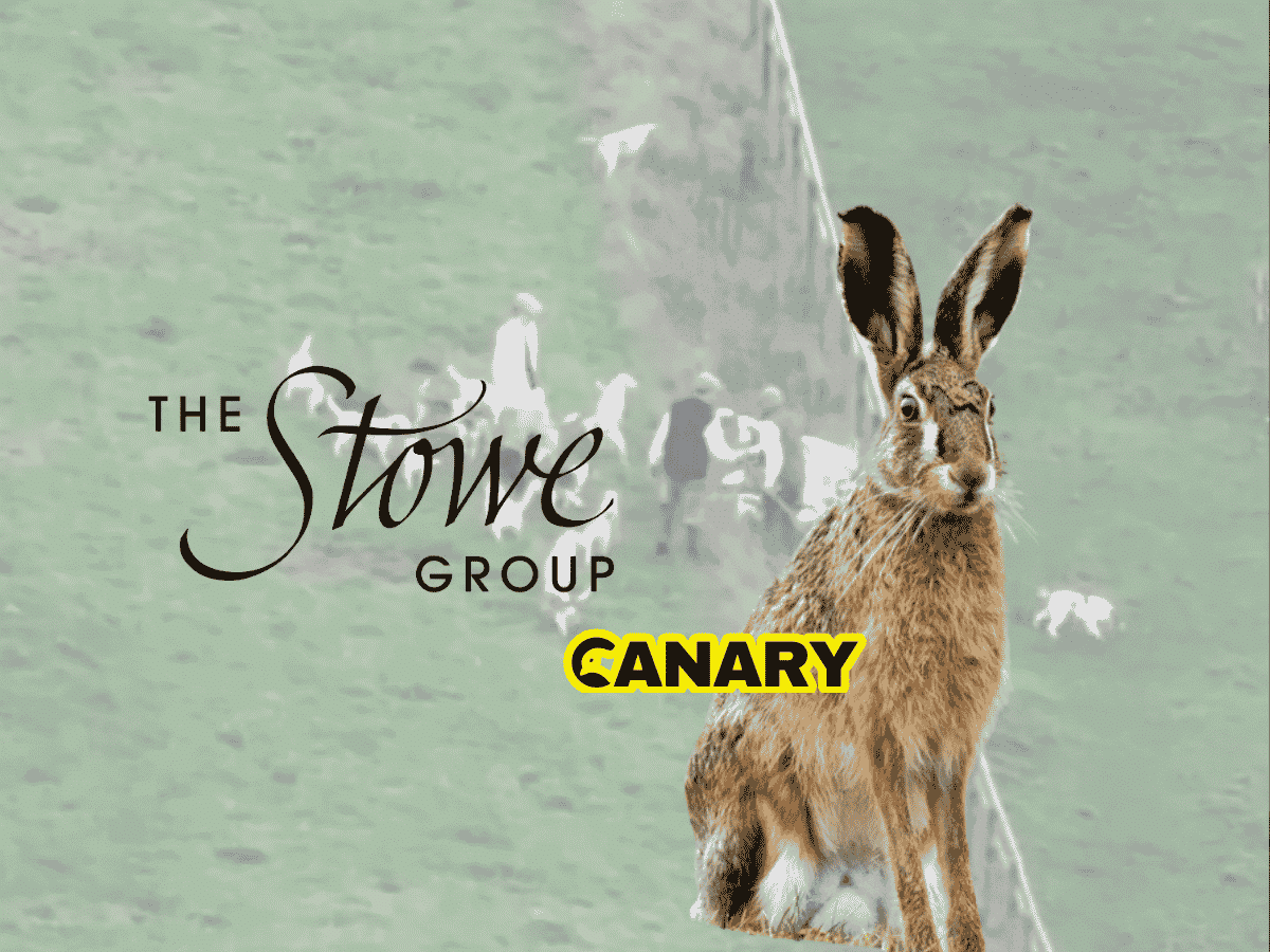 An image of a pack of hounds catching a hare at a fence line. In the foreground is Stowe School's logo and next to it is a european brown hare and the Canary logo