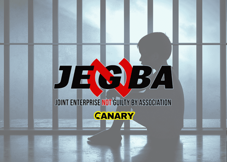 In the backgrounds is an image of a child in prison. It is the silhouette of a child facing left and they have their knees up to their chest. In the forefront is the JENGbA logo and underneath is the Canary UK logo