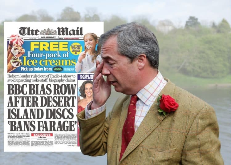 Nigel Farage and a Daily Mail front page talking about him being 'banned' by Desert Island Discs