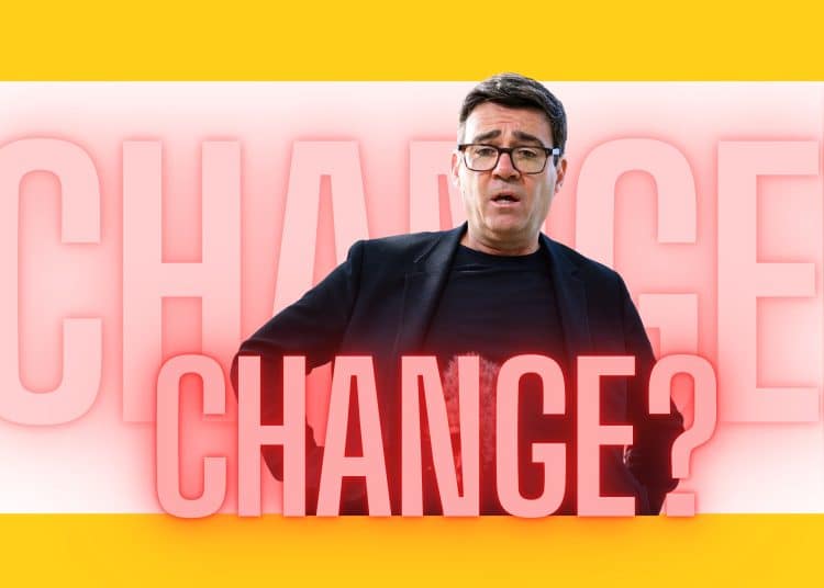 Andy Burnham staring at the word 'CHANGE'