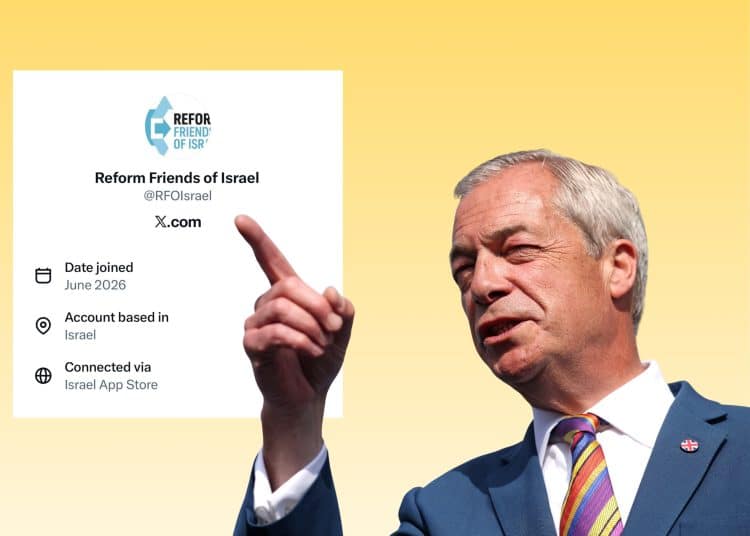Nigel Farage pointing at the account details for 'Reform Friends of Israel'