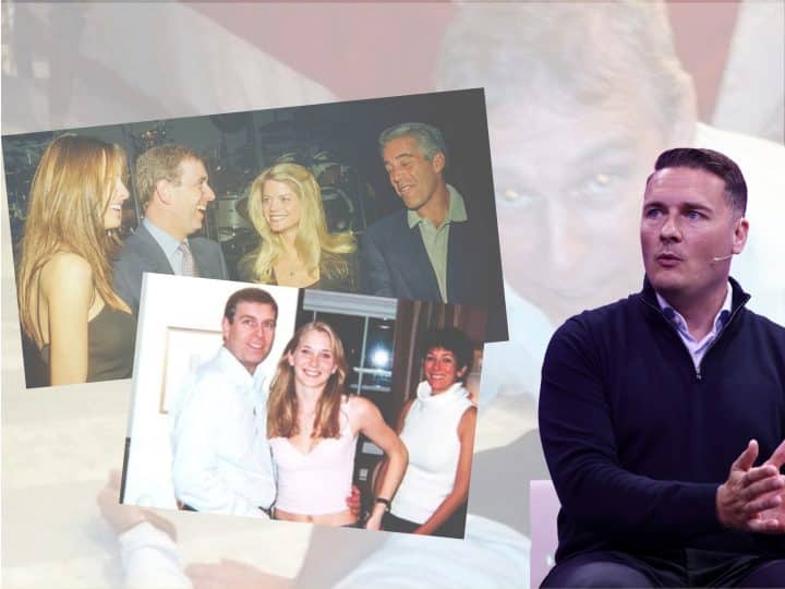 Wes Streeting and images of prince Andrew with Jeffrey Epstein and Virginia Giuffre