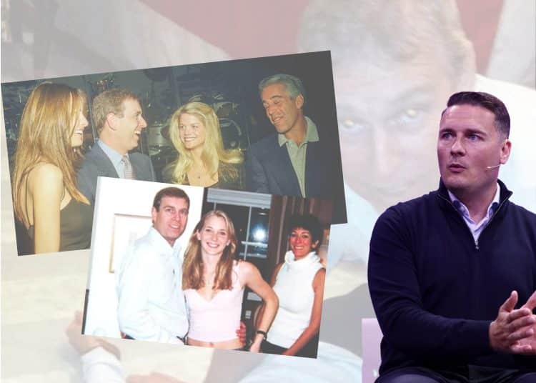 Wes Streeting and images of prince Andrew with Jeffrey Epstein and Virginia Giuffre