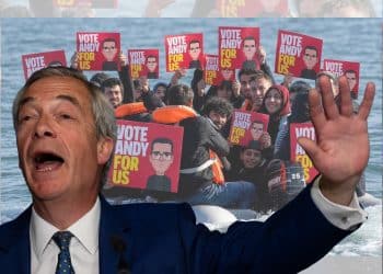 Nigel Farage in front of the offending image - Reform UK