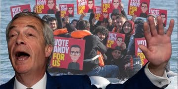 Nigel Farage in front of the offending image - Reform UK