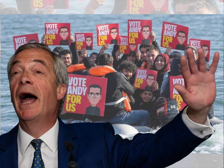 Nigel Farage in front of the offending image - Reform UK