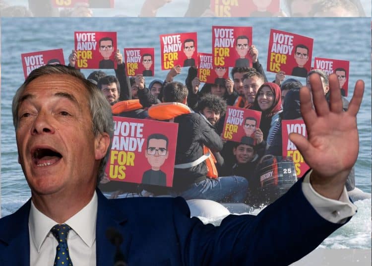 Nigel Farage in front of the offending image - Reform UK
