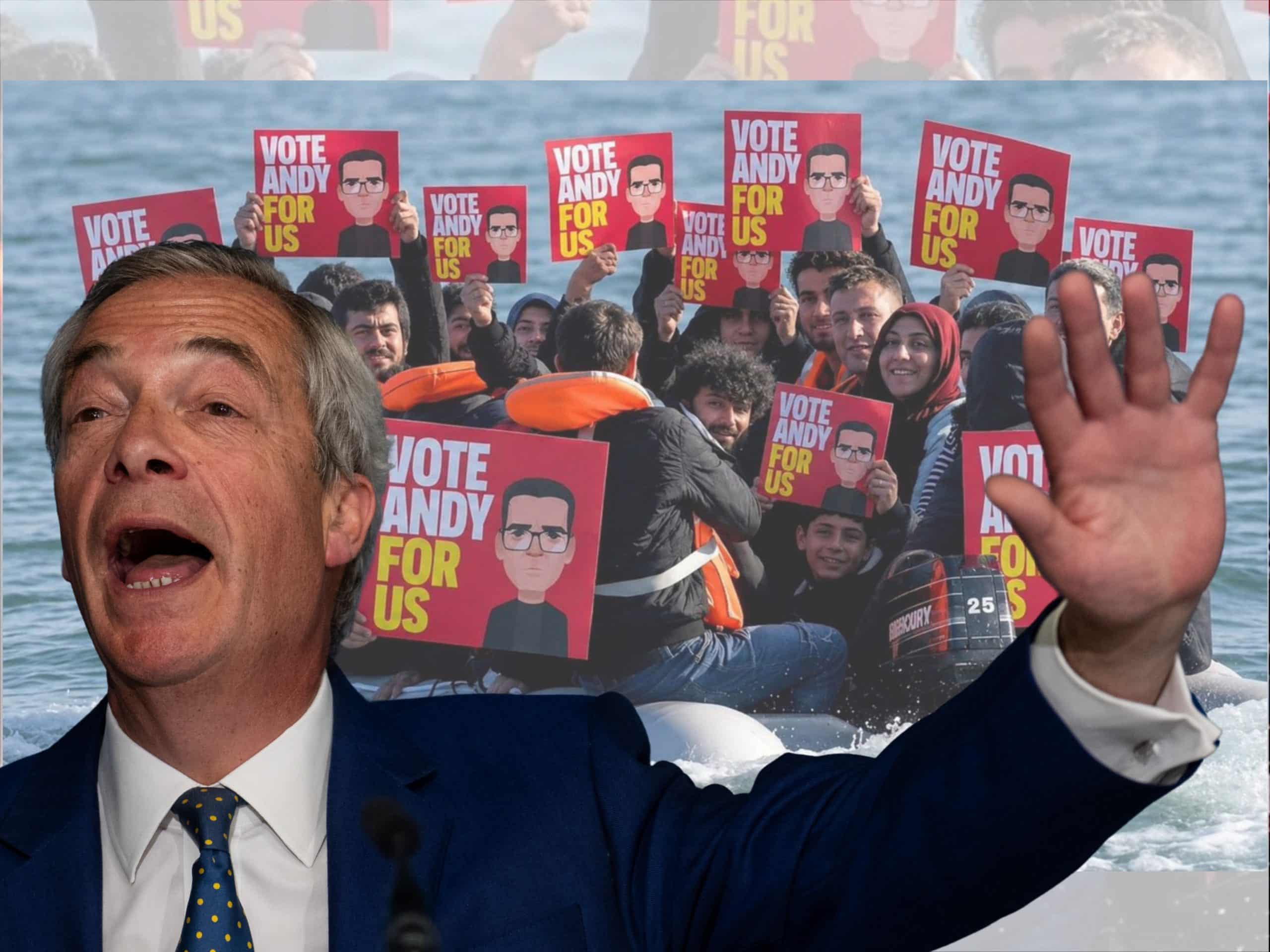 Nigel Farage in front of the offending image - Reform UK