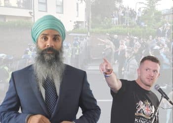Bobby Singh (left) and Tommy Robinson (right) in separate photos designed next to one another. Singh buttoning his suit and Robinson speaking into a microphone pointing