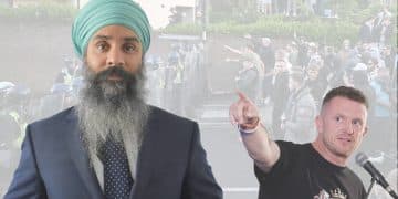 Bobby Singh (left) and Tommy Robinson (right) in separate photos designed next to one another. Singh buttoning his suit and Robinson speaking into a microphone pointing