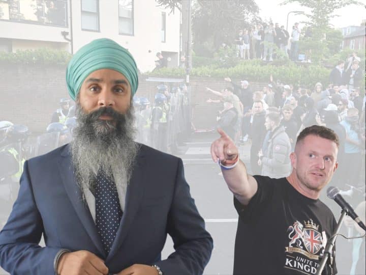 Bobby Singh (left) and Tommy Robinson (right) in separate photos designed next to one another. Singh buttoning his suit and Robinson speaking into a microphone pointing