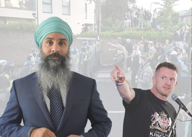 Bobby Singh (left) and Tommy Robinson (right) in separate photos designed next to one another. Singh buttoning his suit and Robinson speaking into a microphone pointing