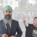 Bobby Singh (left) and Tommy Robinson (right) in separate photos designed next to one another. Singh buttoning his suit and Robinson speaking into a microphone pointing